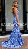 Beading Strapless Trumpet Mermaid Blue Lace Prom Dress