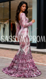 Square Trumpet Mermaid Beading Long Sleeve Print Prom Dress