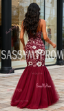 Floral Lace V Neck Trumpet Mermaid Burgundy Prom Dress