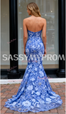 Beading Strapless Trumpet Mermaid Blue Lace Prom Dress