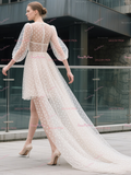 Dots Sheer Neck High Low Long Sleeve Wedding Dress