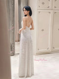 Lace A Line Backless Jewel Neck Flowers Wedding Dress