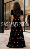 Square Neck Butterfly Black Short Sleeve Velvet A Line Prom Dress