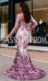 Square Trumpet Mermaid Beading Long Sleeve Print Prom Dress