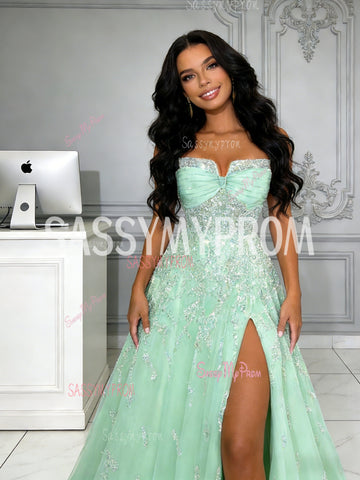 Green Tulle Sweetheart Beading A Line Prom Dress With Slit