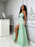 Green Tulle Sweetheart Beading A Line Prom Dress With Slit