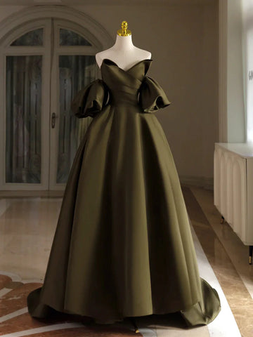 Majestic Olive Green Short Sleeves Ball Prom Dress