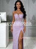 Purple Strapless Beading Trumpet Mermaid Satin Prom Dress