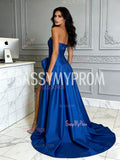 Strapless Satin Blue A Line Bow Prom Dress With Slit