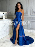 Strapless Satin Blue A Line Bow Prom Dress With Slit