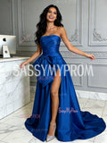 Strapless Satin Blue A Line Bow Prom Dress With Slit