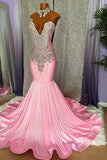 Pink High Neck Mermaid Beading Satin Prom Dress