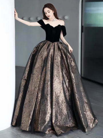 Satin Print A Line Black Off The Shoulder Prom Dress