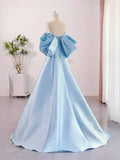 Sky Blue Short Sleeve A Line Satin Prom Dress