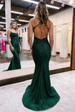 Backless Spaghetti Straps Appliques Dark Green Prom Dress