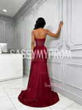 Spaghetti Straps Satin Burgundy Beading Mermaid Prom Dress With Slit