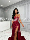 Spaghetti Straps Satin Burgundy Beading Mermaid Prom Dress With Slit