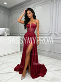 Spaghetti Straps Satin Burgundy Beading Mermaid Prom Dress With Slit