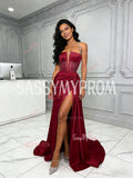 Spaghetti Straps Satin Burgundy Beading Mermaid Prom Dress With Slit