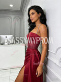 Spaghetti Straps Satin Burgundy Beading Mermaid Prom Dress With Slit