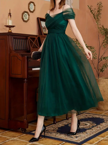 Dark Green Tulle Ankle Length Party Dress