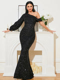 Asymmetrical Sleeves Sequins Black Mermaid Prom Dress