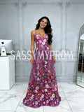 Purple Floral Lace Spaghetti Straps A Line Prom Dress