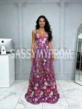 Purple Floral Lace Spaghetti Straps A Line Prom Dress