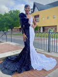 Long Sleeves Block Color Sequins Mermaid Prom Dress