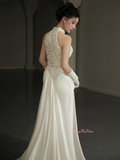 Trumpet Mermaid Satin High Neck Lace Wedding Dress