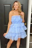 A Line Tulle Short Sky Blue Tiered Homecoming Dress
