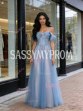 Tulle A Line Blue Sparkle Cold Shoulder Prom Dress