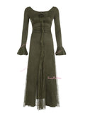 Flared Sleeves Wrap Olive Green Dress