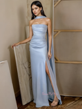 Stain Sheath Column Strapless Blue Prom Dress With Slit