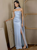 Stain Sheath Column Strapless Blue Prom Dress With Slit