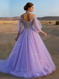 Beading A Line Lavender Tulle Long Sleeve Prom Dress