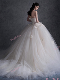 Tulle Flower Ball Gown Strapless Wedding Dress