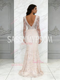 Trumpet Mermaid Beading V Neck Long Sleeve Champagne Wedding Dress
