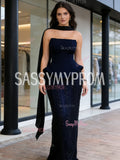 Sheath Column Strapless Satin Black Shawl Prom Dress