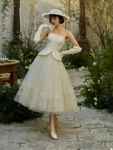 Strapless Tea Length Appliques Satin Wedding Dress