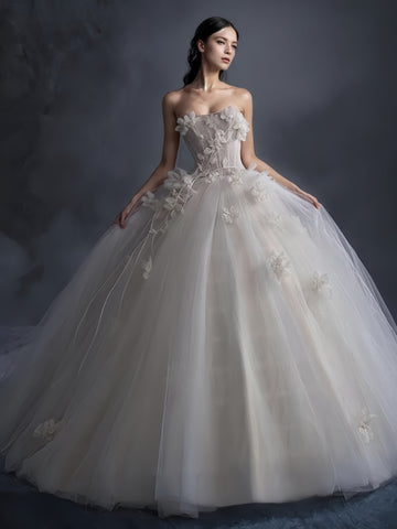 Tulle Flower Ball Gown Strapless Wedding Dress