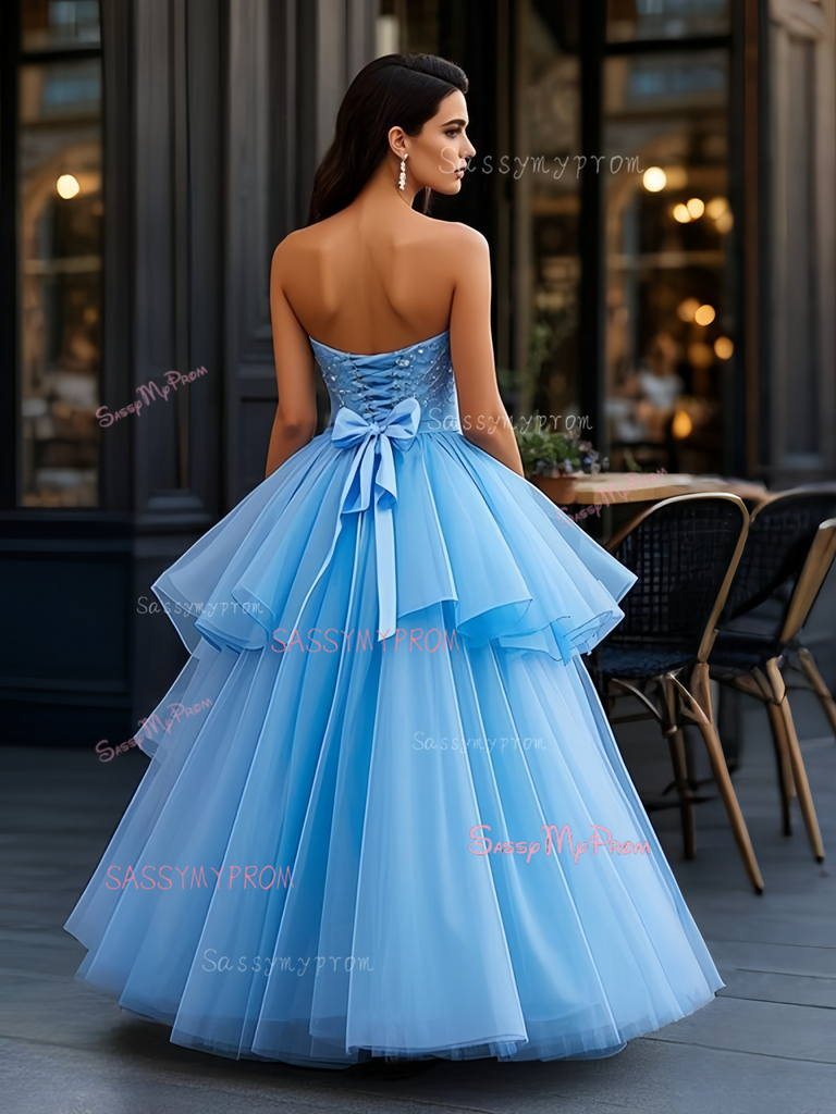Sweetheart A Line Beading Blue Ruffles Prom Dress – Sassymyprom