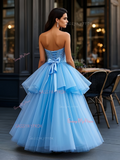 Sweetheart A Line Beading Blue Ruffles Prom Dress