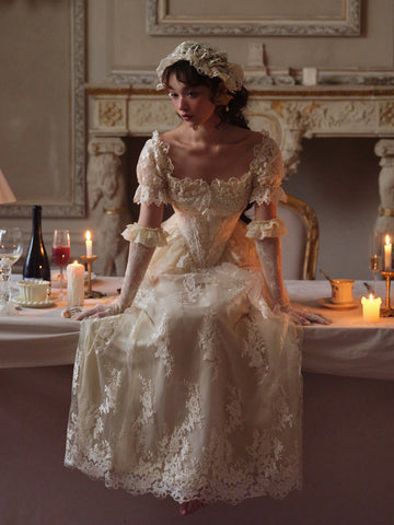 Short Sleeves Tea Length France Vintage Sqaure Neck Wedding Dress