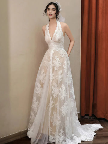 Champagne Lace A Line V Neck Tulle Wedding Dress