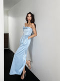 Bowknot Sheath Column Light Blue Strapless Prom Dress With Pockets