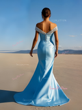 Ruched Light Blue Trumpet Mermaid Beading Off The Shoulder Prom Dress