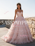 Pearls Ball Gown Ruffles Sweetheart Sequin Pink Prom Dress