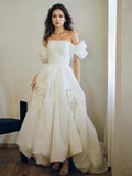 Satin Puffy Sleeve Flowers Off The Shoulder Wedding Dress