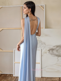 Stain Sheath Column Strapless Blue Prom Dress With Slit